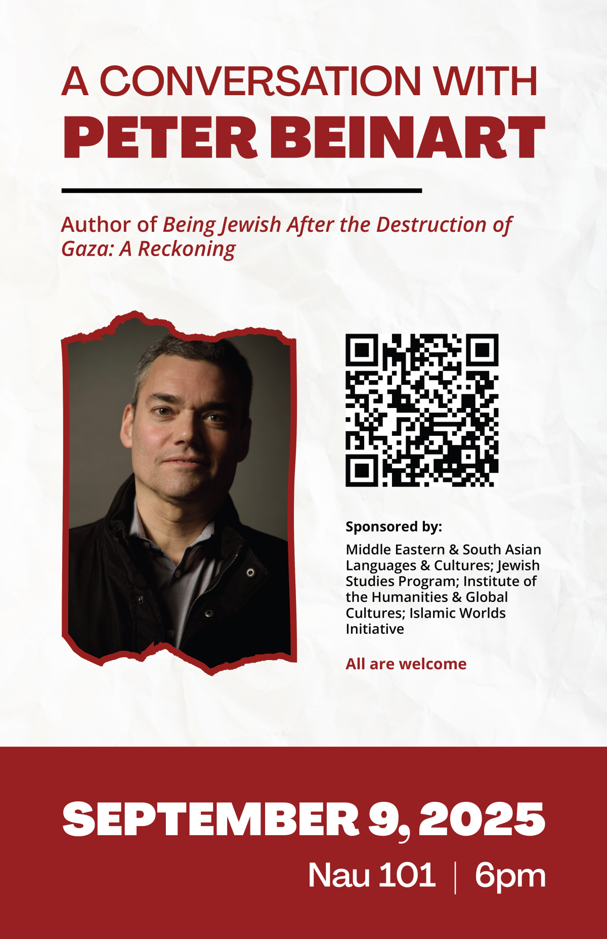 Flier: A Conversation with Peter Beinart (Sept. 9, 2025 6pm, Nau 101)